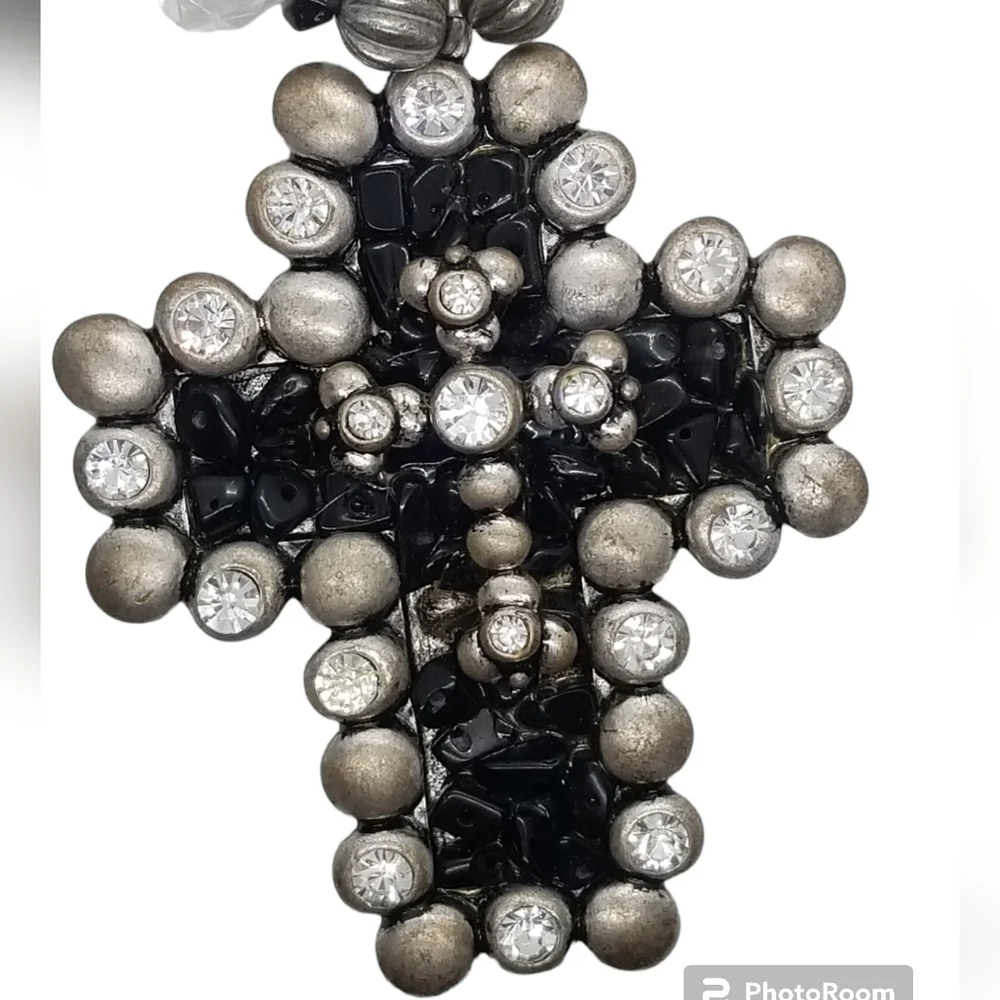 VINTAGE  BLACK ONYX & GLASS RHINESTONE LARGE SOUTHWEST CROSS PENDANT NECKLACE